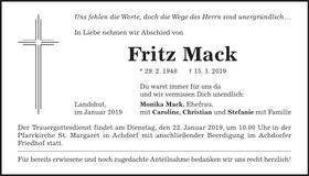 Traueranzeige Fritz Mack