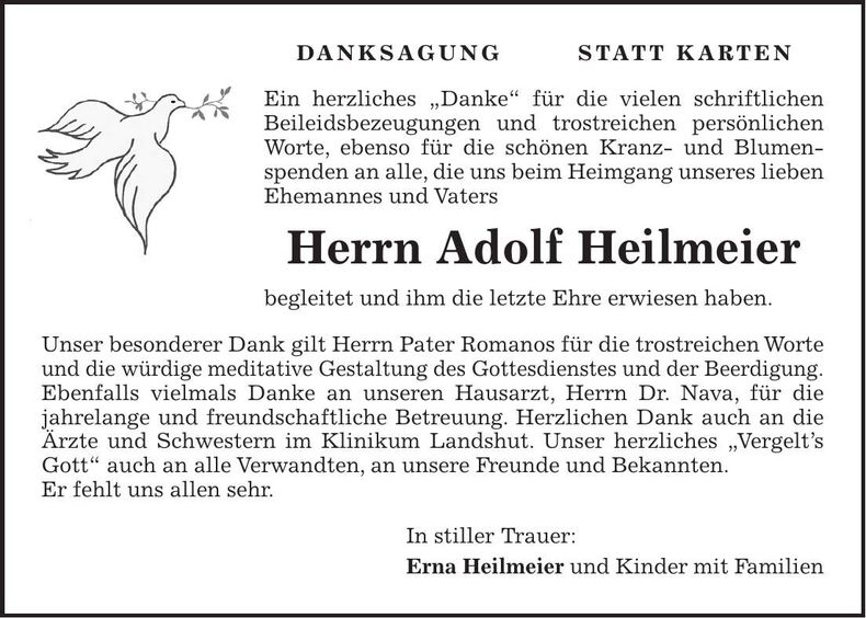 Traueranzeige Adolf Heilmeier