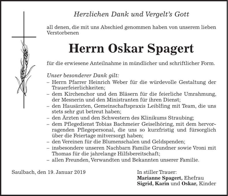 Traueranzeige Oskar Spagert