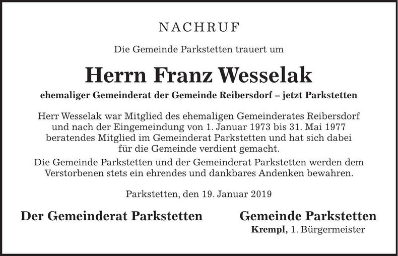 Traueranzeige Franz Wesselak
