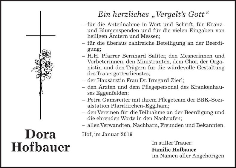 Traueranzeige Dora Hofbauer