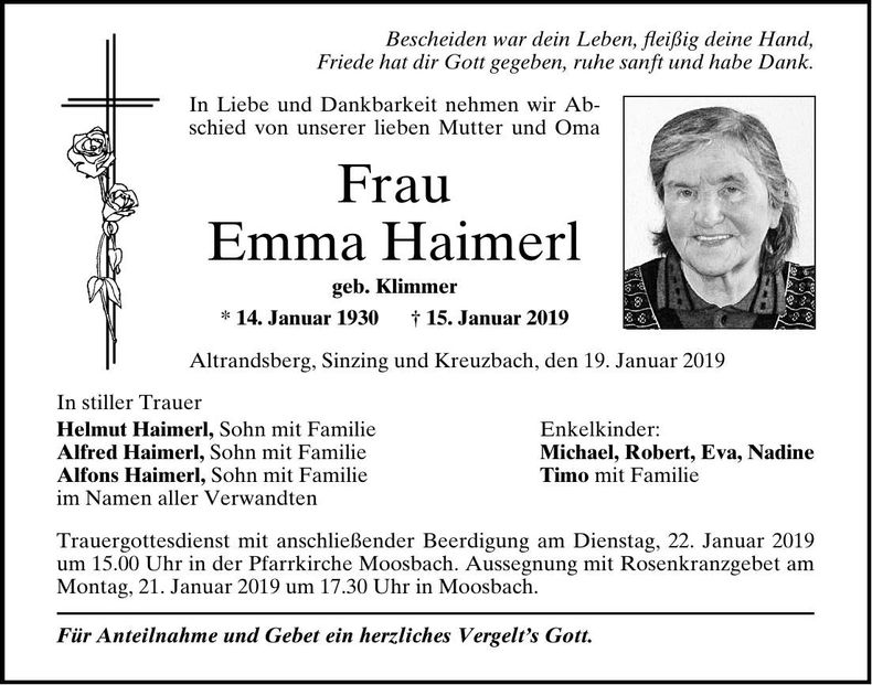 Traueranzeige Haimerl Emma