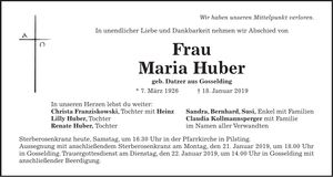 Traueranzeige Maria Huber