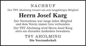 Traueranzeige Josef Karg