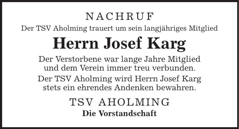 Traueranzeige Josef Karg