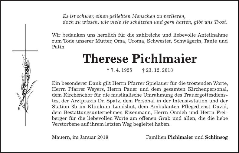 Traueranzeige Therese Pichlmaier