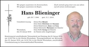 Traueranzeige Hans Blieninger