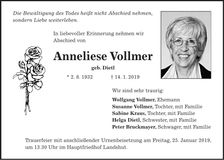 Traueranzeige Anneliese Vollmer