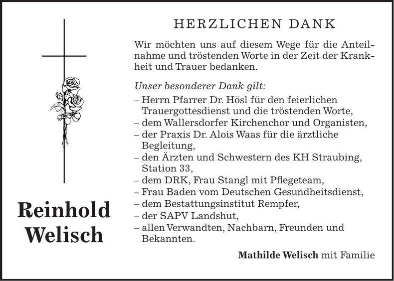 Traueranzeige Reinhold Welisch