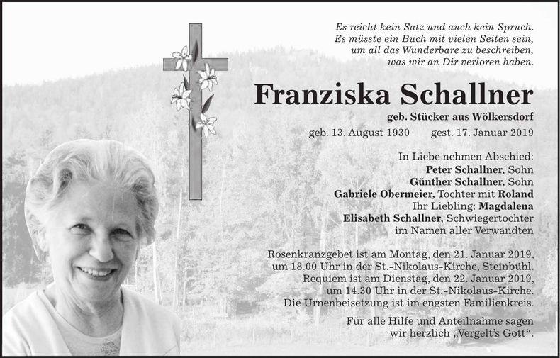 Traueranzeige Franziska Schallner