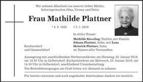 Traueranzeige Mathilde Plattner