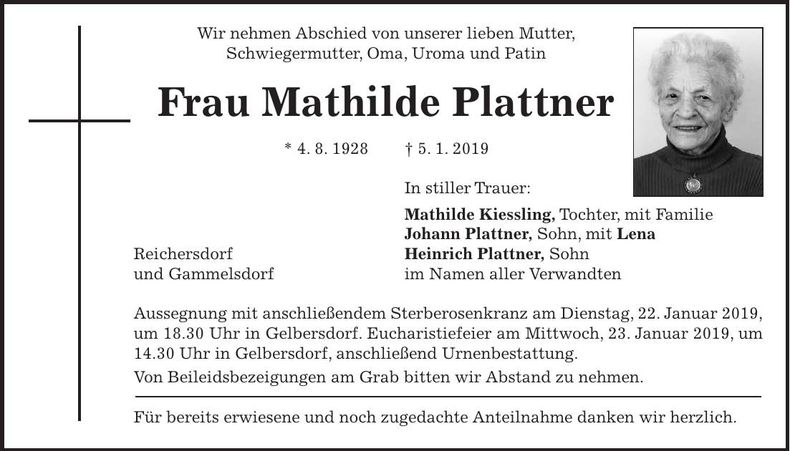 Traueranzeige Mathilde Plattner