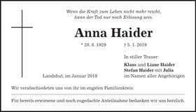 Traueranzeige Anna Haider