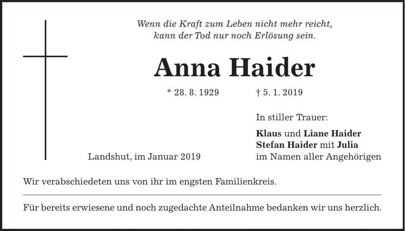 Traueranzeige Anna Haider