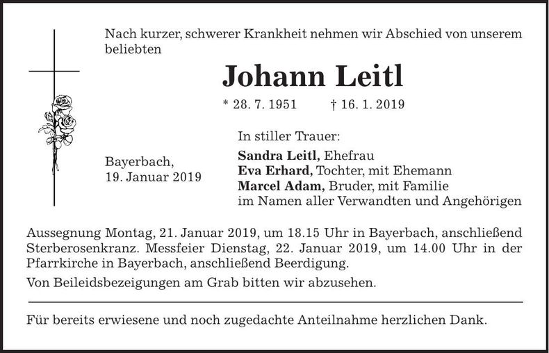 Traueranzeige Johann Leitl