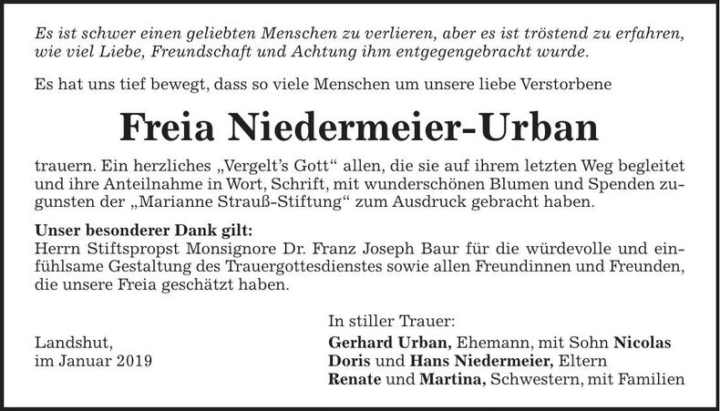 Traueranzeige Freia Niedermeier-Urban