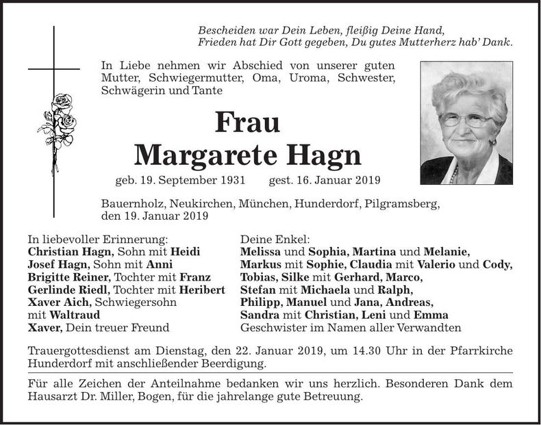 Traueranzeige Margarete Hagn