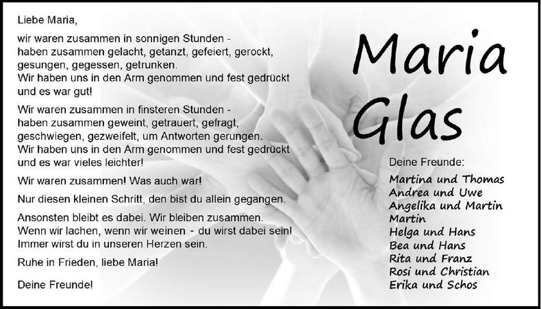 Traueranzeige Maria Glas