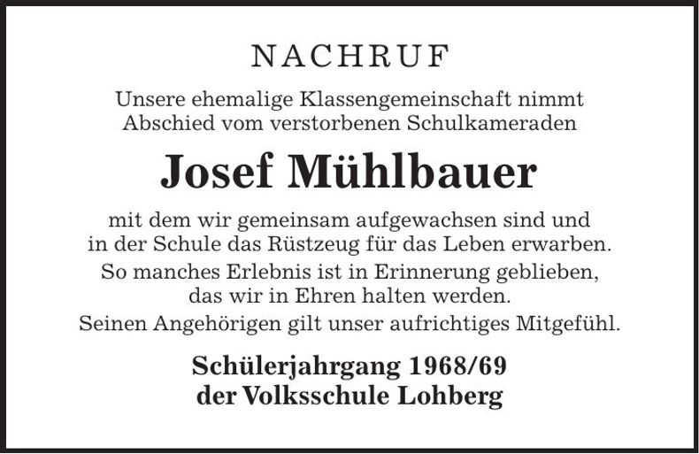 Traueranzeige Josef Mühlbauer
