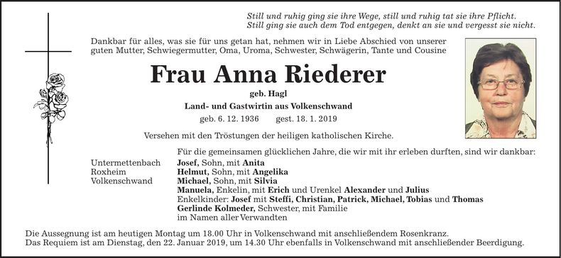 Traueranzeige Anna Riederer