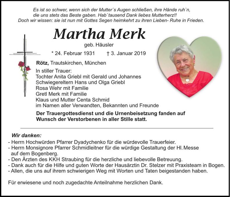 Traueranzeige Martha Merk