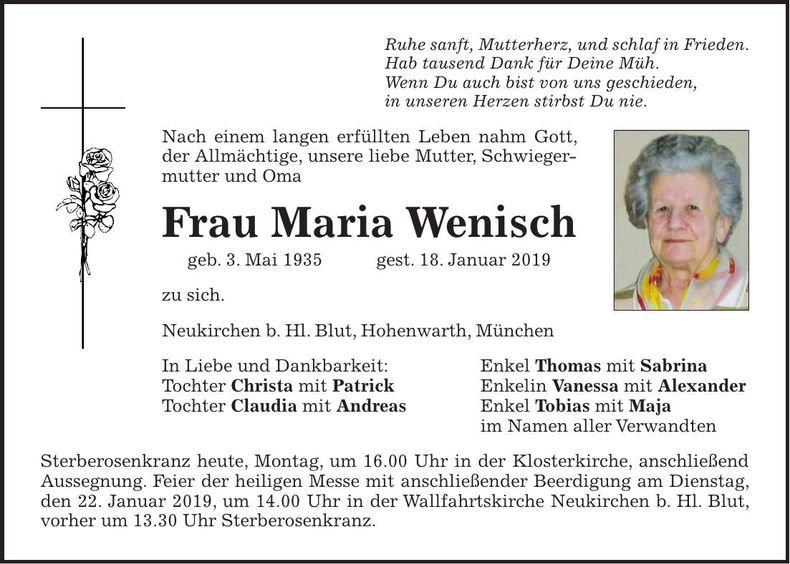 Traueranzeige Maria Wenisch