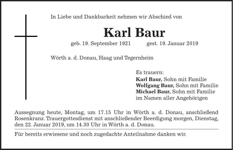 Traueranzeige Karl Baur