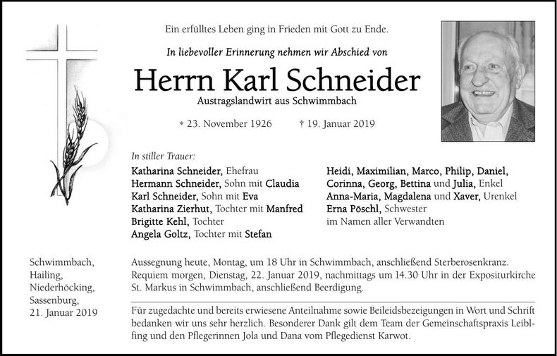 Traueranzeige Karl Schneider