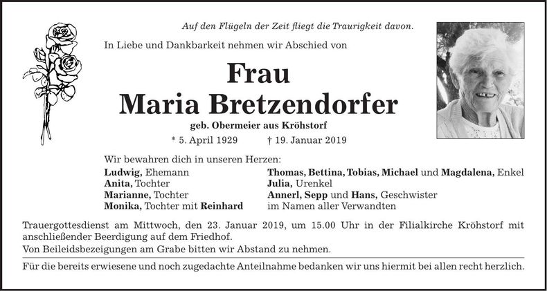 Traueranzeige Maria Bretzendorfer