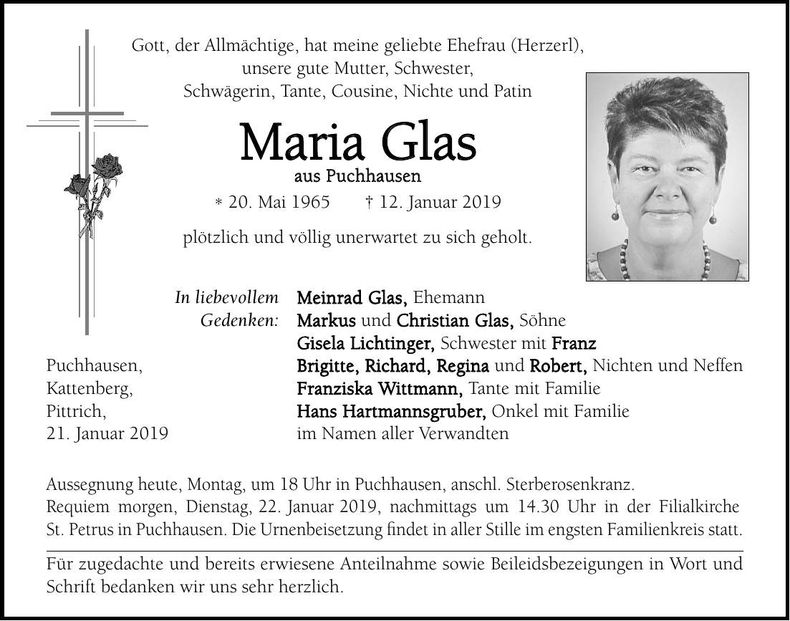 Traueranzeige Maria Glas
