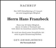 Traueranzeige Hans Franzbeck