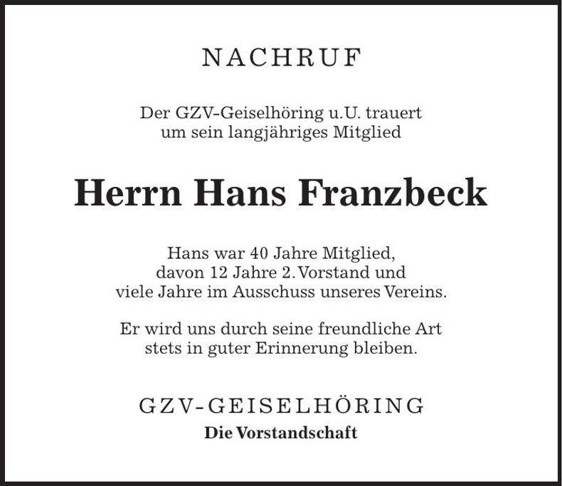 Traueranzeige Hans Franzbeck
