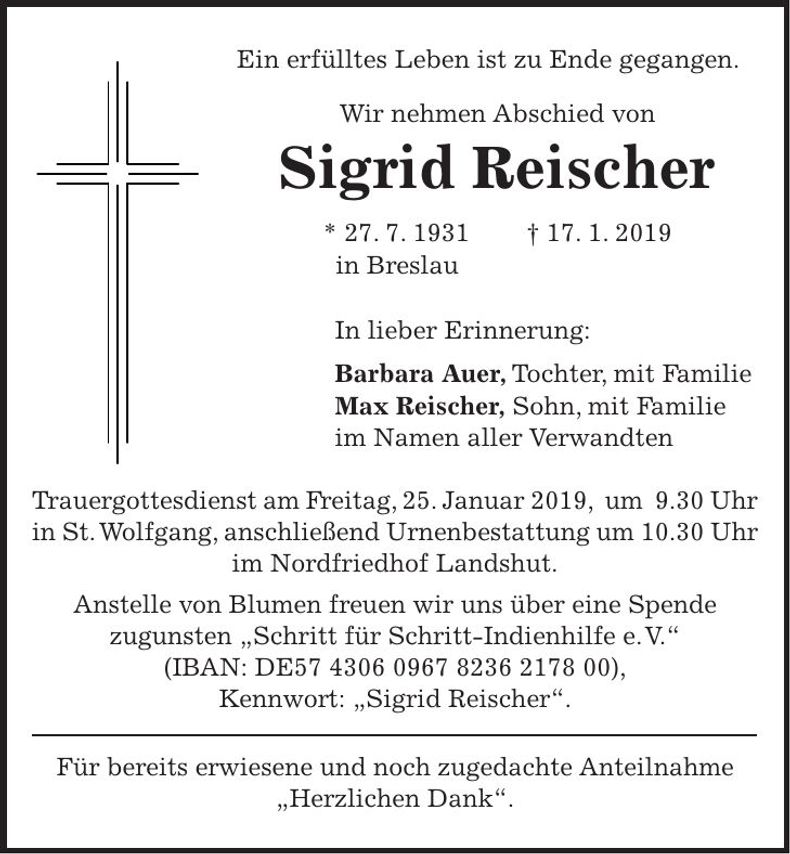 Traueranzeige Sigrid Reischer