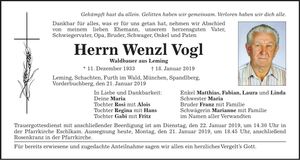 Traueranzeige Wenzl Vogl