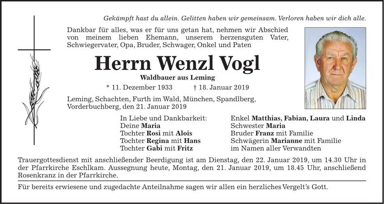 Traueranzeige Wenzl Vogl