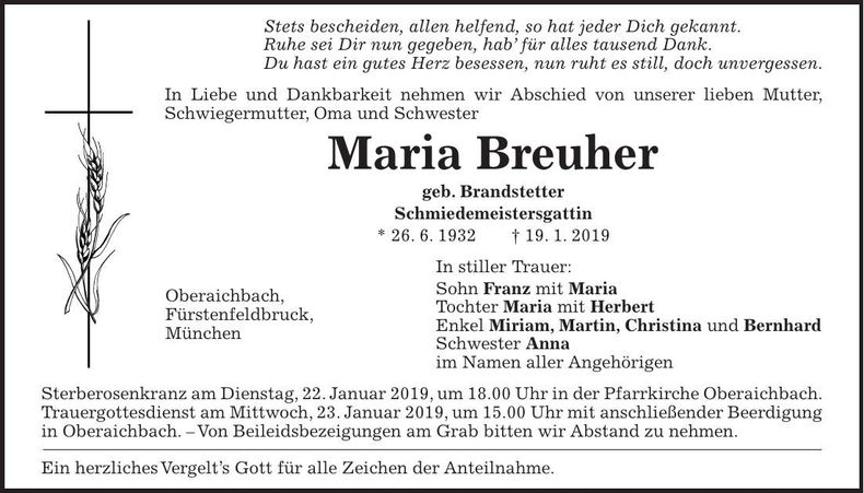 Traueranzeige Maria Breuher