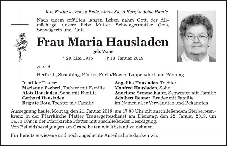 Traueranzeige Maria Hausladen