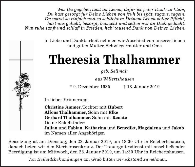 Traueranzeige Thalhammer Theresia