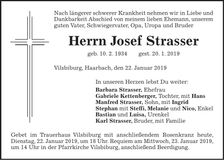 Traueranzeige Josef Strasser
