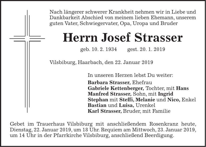Traueranzeige Josef Strasser