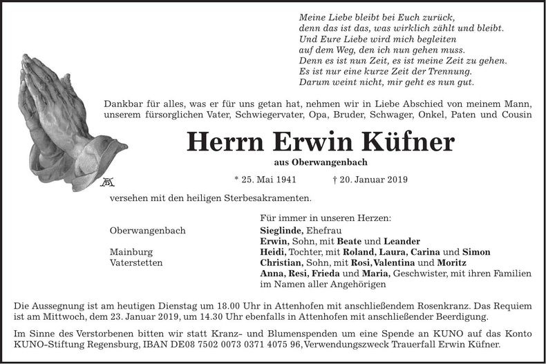 Traueranzeige Erwin Küfner