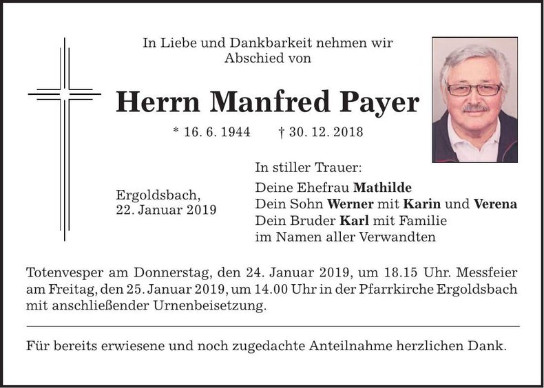 Traueranzeige Manfred Payer