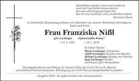 Traueranzeige Franziska Nißl