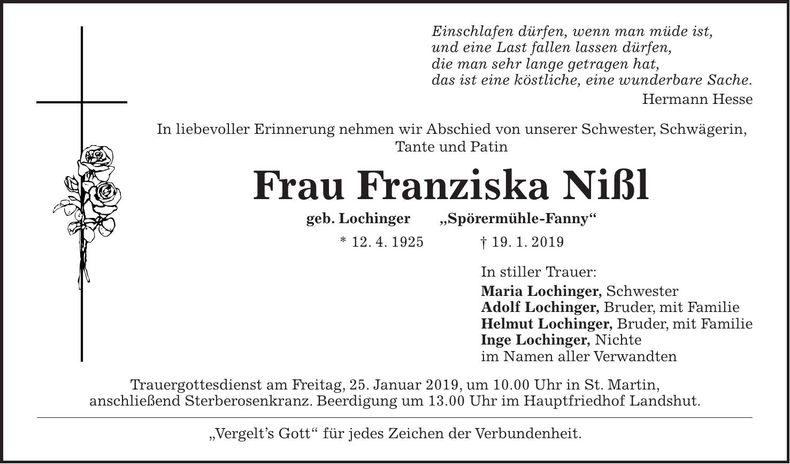 Traueranzeige Franziska Nißl