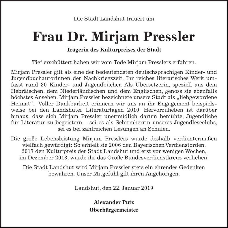 Traueranzeige Mirjam Pressler