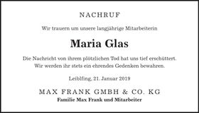 Traueranzeige Maria Glas