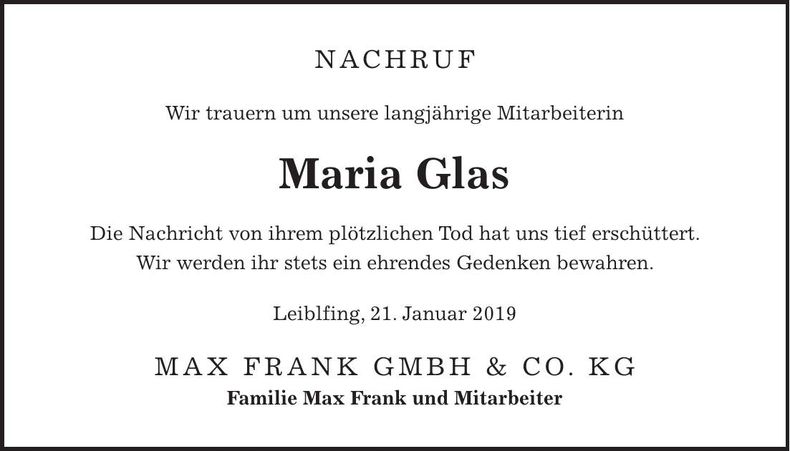 Traueranzeige Maria Glas