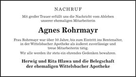 Traueranzeige Agnes Rohrmayr