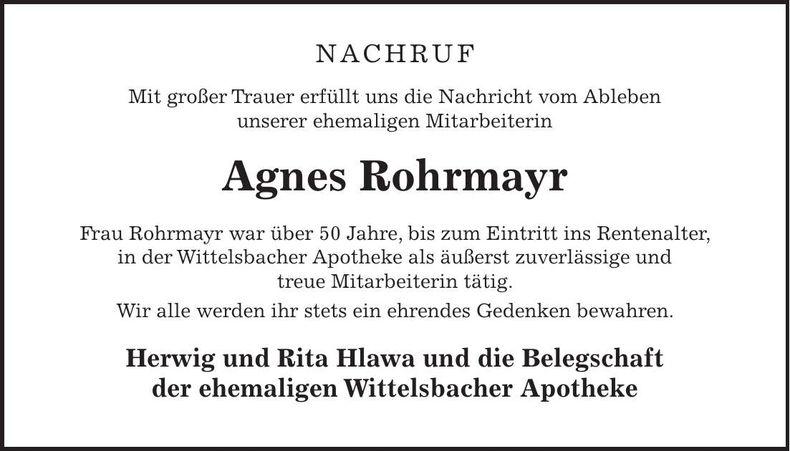 Traueranzeige Agnes Rohrmayr