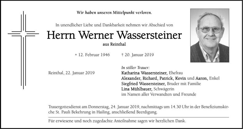 Traueranzeige Werner Wassersteiner